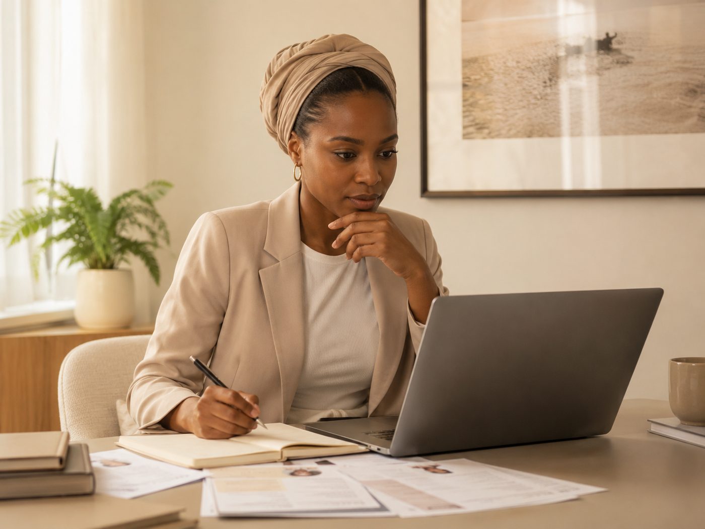 Candidate preparing documents for an international recruitment interview call